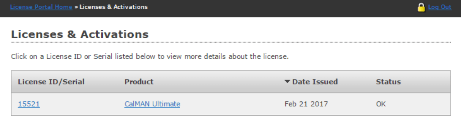 Licenses & Activations view purchased calman products