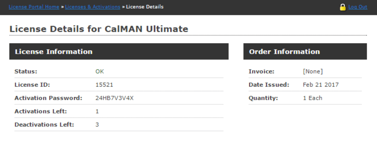 License Details screen for calman ultimate more product infomation order information license information